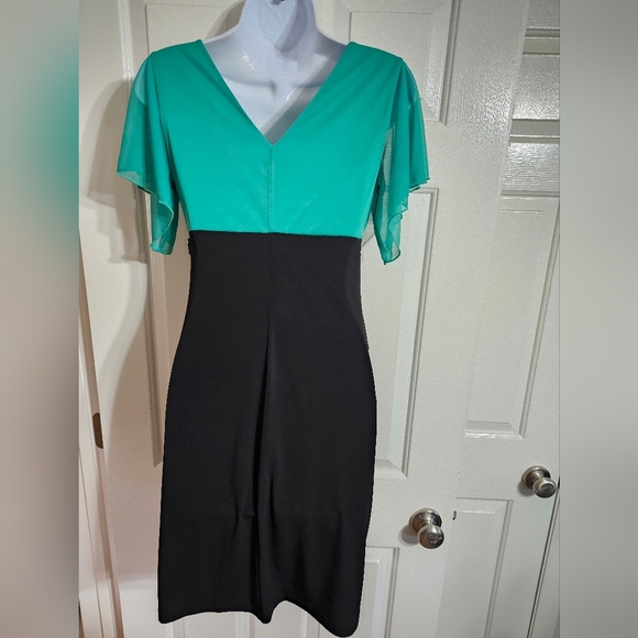 En Focus Studio Green Black Tiered Sheath Dress Sz 4 Sequin Waist Cocktail VTG - Picture 3 of 6